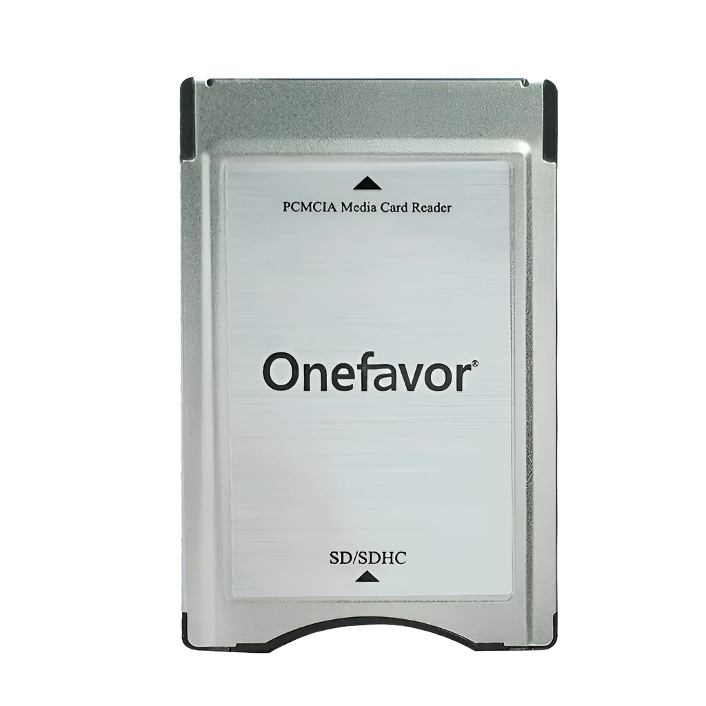 SD to PCMCIA adapter card with stainless steel housing and inserted 32GB SD card for Mercedes-Benz vehicles.