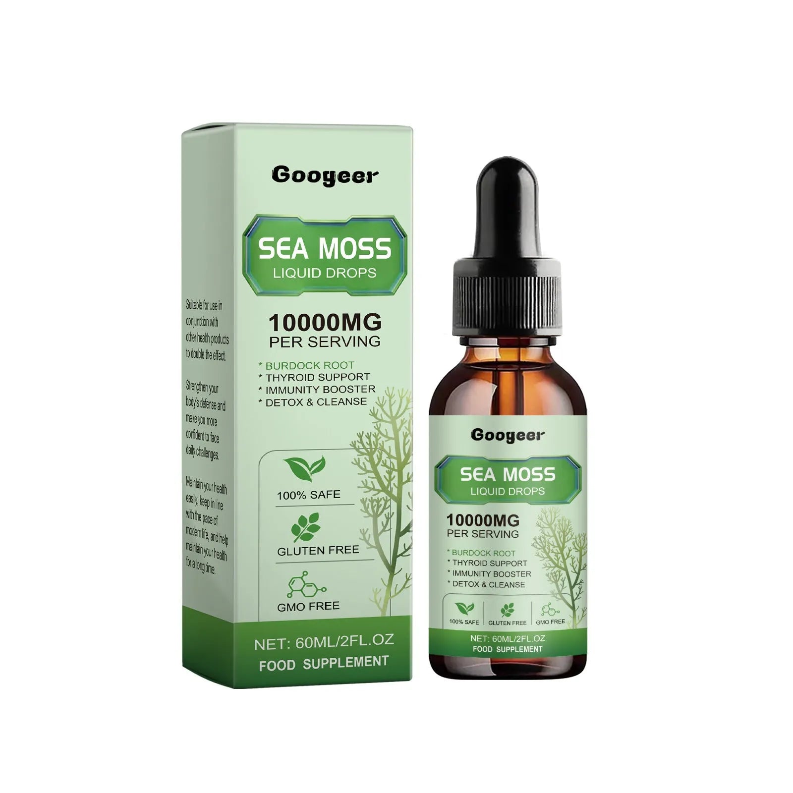 Googeer Sea Moss Liquid Drops 60ml bottle, a body treatment serum with traditional Chinese medicine extract.