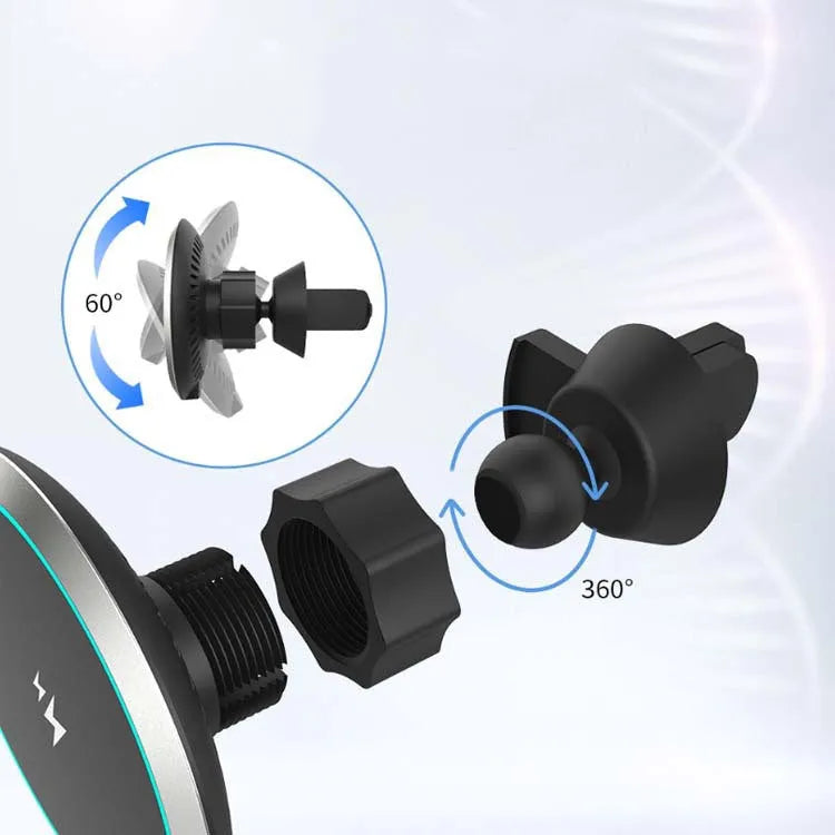 15W magnetic wireless car charger mounted on a vehicle air vent, showing plastic housing and LED light.