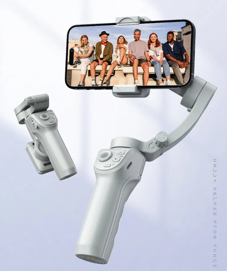 Gray handheld three-axis anti-shake stabilizer with AI face tracking and fill light for short video shooting