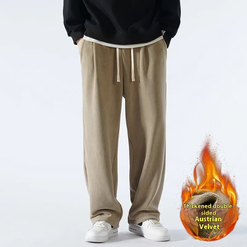 Men's double-sided polar fleece winter pants in black with drawstring waist and fleece lining