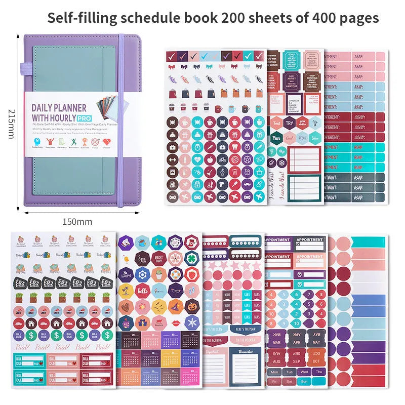 Undated notebook with PU cover in various colours, open to show 80g wood-free paper and thread binding.