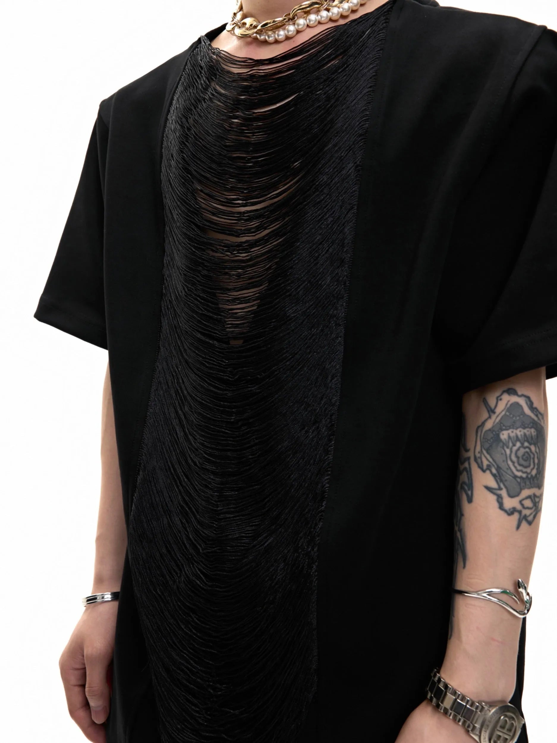 Men's black hollow out V-neck loose fit polyester T-shirt with tassel detail