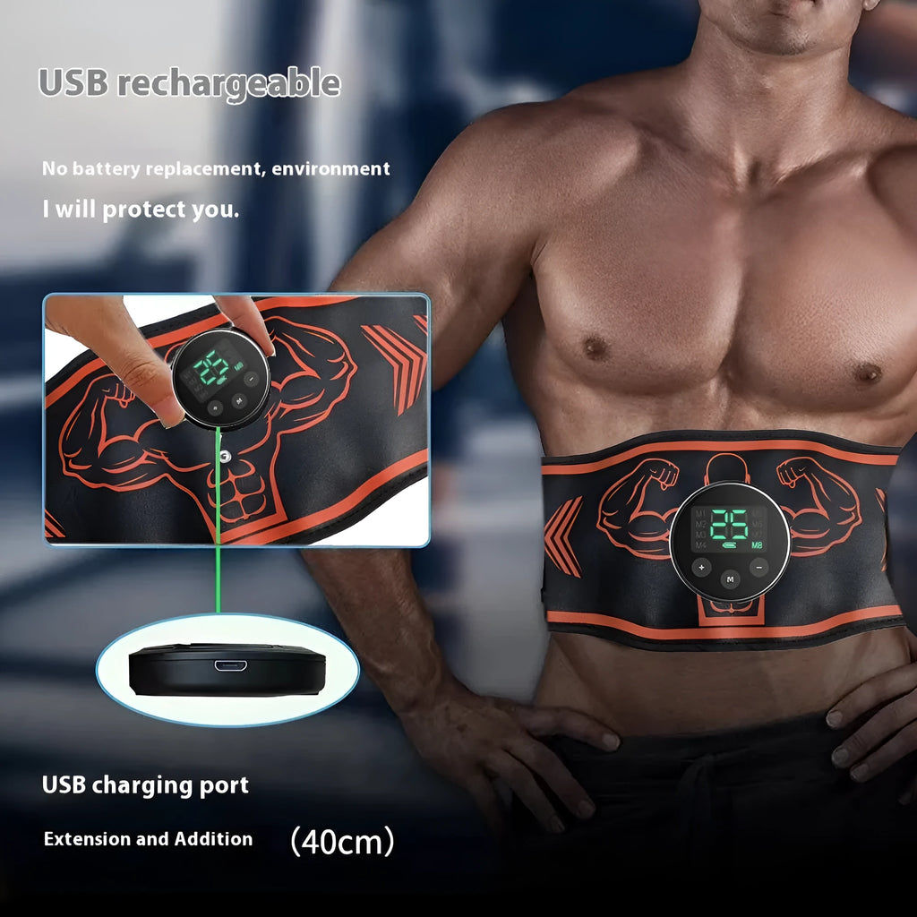 Blue and orange smart EMS massage belt kits with rechargeable host, adjustable strap, and arm muscle pads