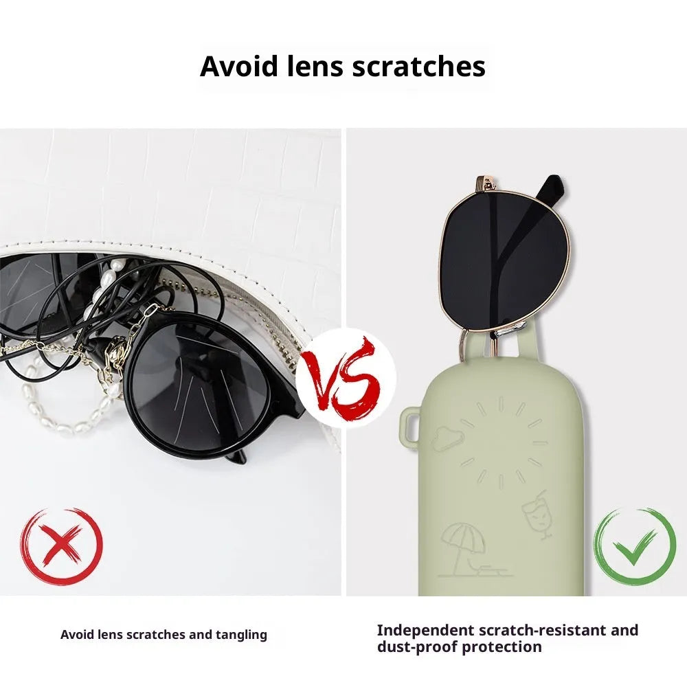 Silicone glasses storage bag in black, open and holding a pair of glasses, with a soft flexible surface.