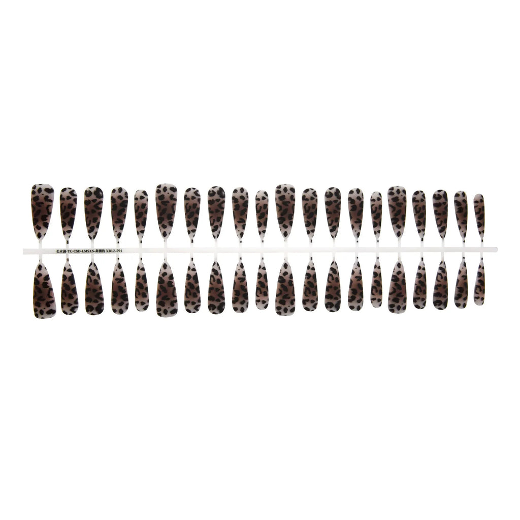 African leopard print long stiletto false nail tips with ultra-thin seamless design, 40 pieces per pack
