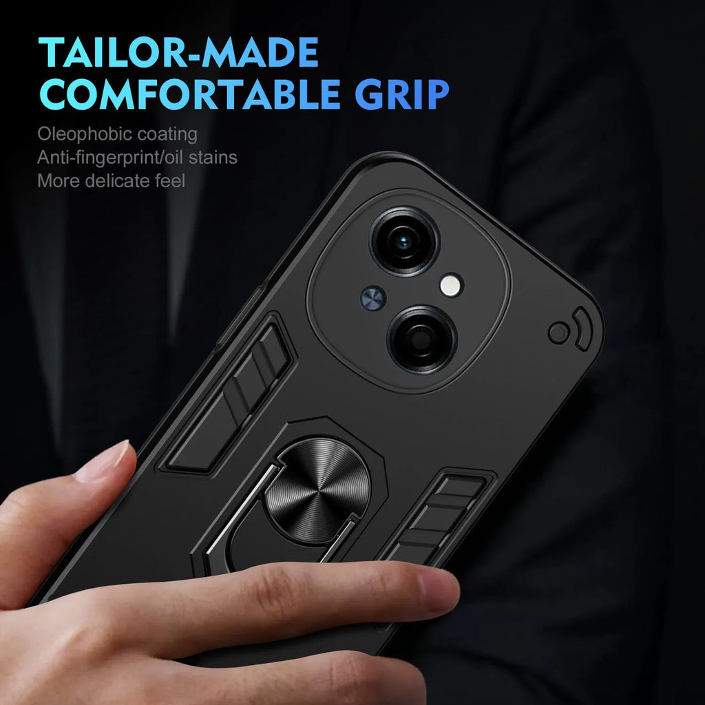 360 bracket phone case for Tecno models in black, blue or green, PC back cover with airbag and invisible bracket