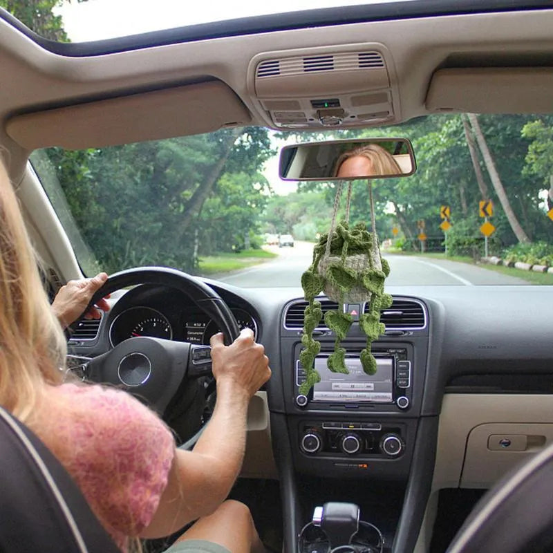 Green and white knitted car plant ornament with 8cm basin base and hanging rope for vehicle interiors