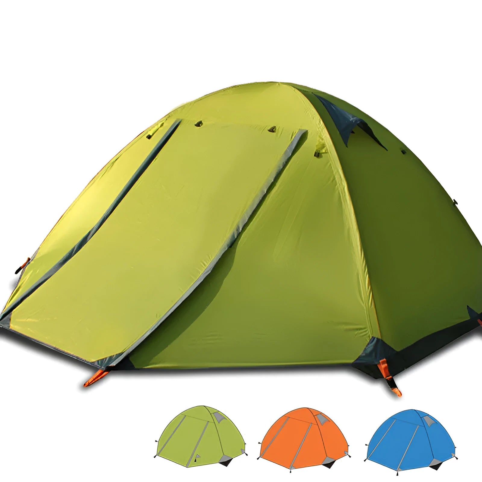 Triple double aluminium pole camping tent in orange for 3-4 people with two doors outdoors