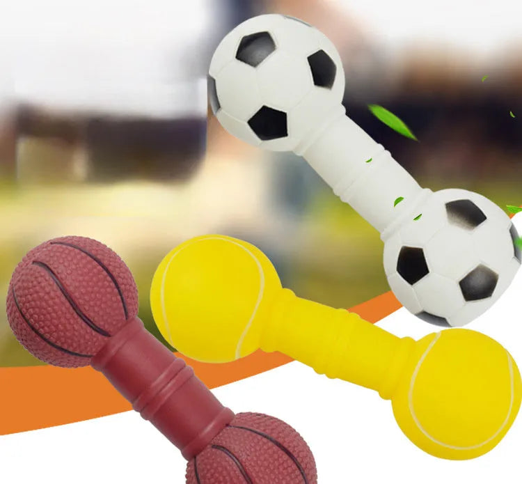 Brown, orange, white, and yellow PVC football dumbbell shaped dog chew toy with squeaker.
