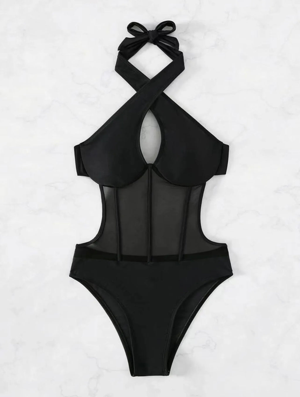 Women's black one-piece swimsuit with spun yarn nylon and spandex fabric on a mannequin.