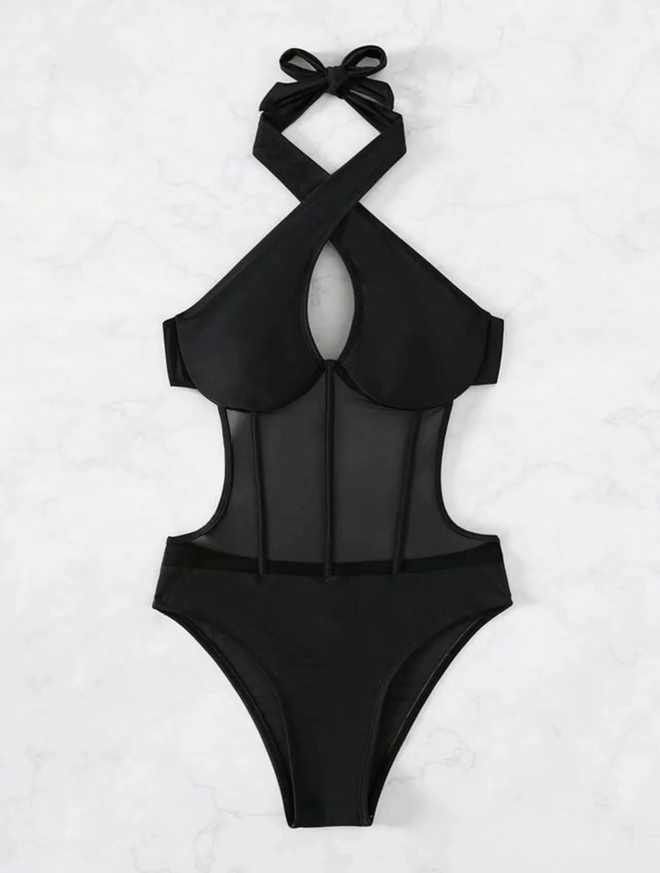 Women's black one-piece swimsuit with spun yarn nylon and spandex fabric on a mannequin.
