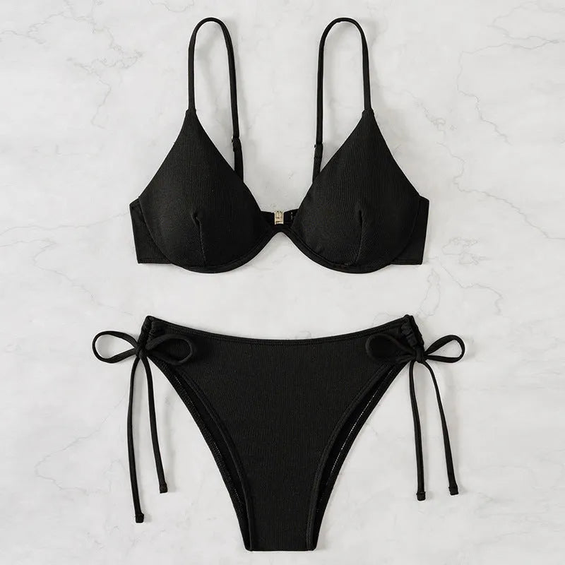 Two-piece underwire gather backless solid colour bikini for women