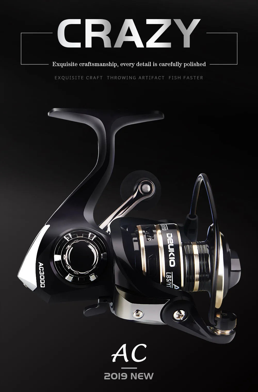 Metal spinning fishing reel with depth spool and rocker arm, available in sizes AC2000 to AC7000