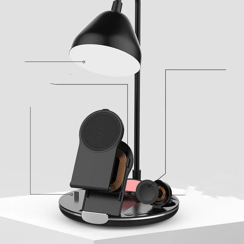 Black magnetic folding wireless charger unfolded in stand position charging iPhone