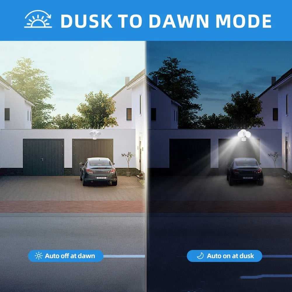 White 120V LED security floodlight with PIR sensor, dimensions 200x195x168mm, for wall or ceiling mounting.