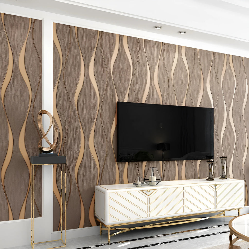 Curve Stripe 3D textured wallpaper roll showing close-up of light grey velvet geometric pattern