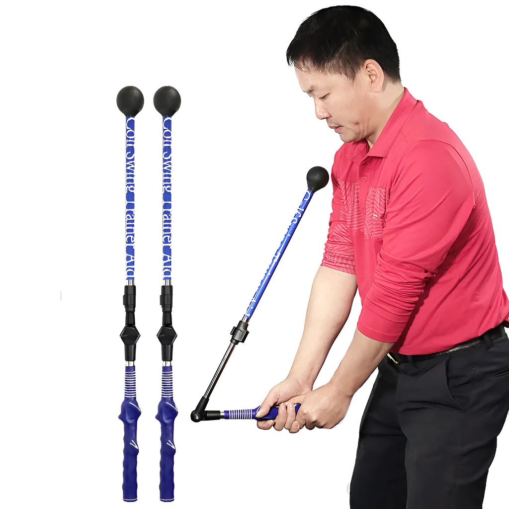 Blue golf swing training aid stick with ergonomic grip and shoulder cushion on green grass