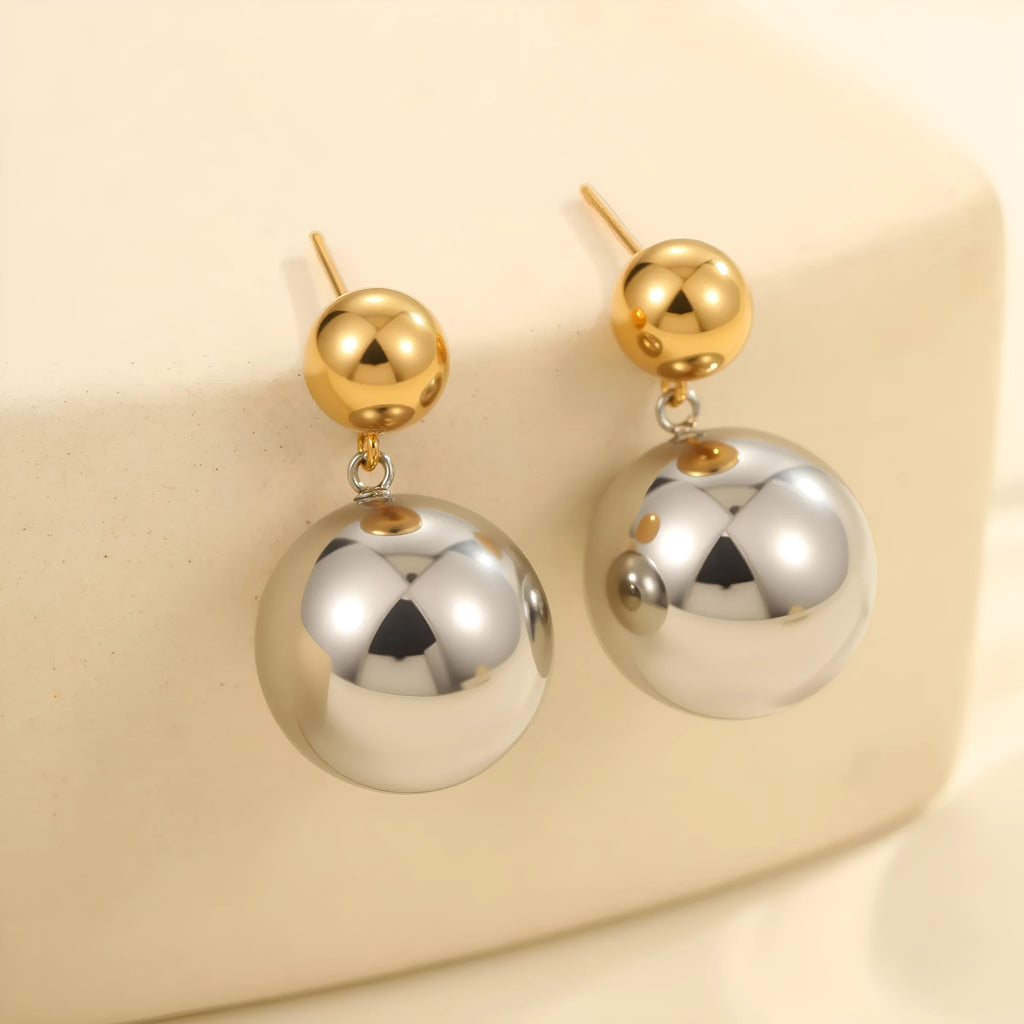 Women's stainless steel colour-block ear studs with round geometric beads and 18K gold plating