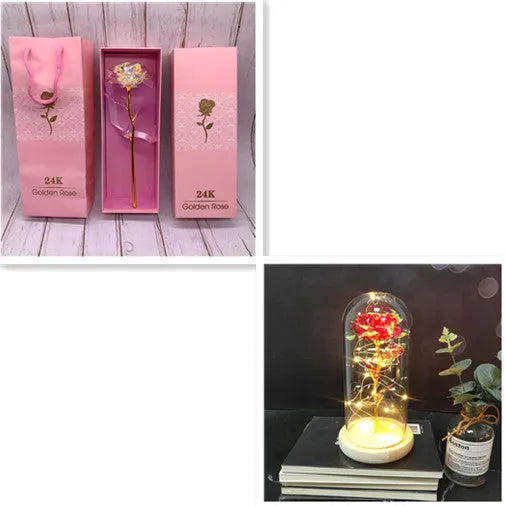 24K luminous gold rose flower set in gift box with tote bag, handmade plastic bouquet non-fade artificial roses
