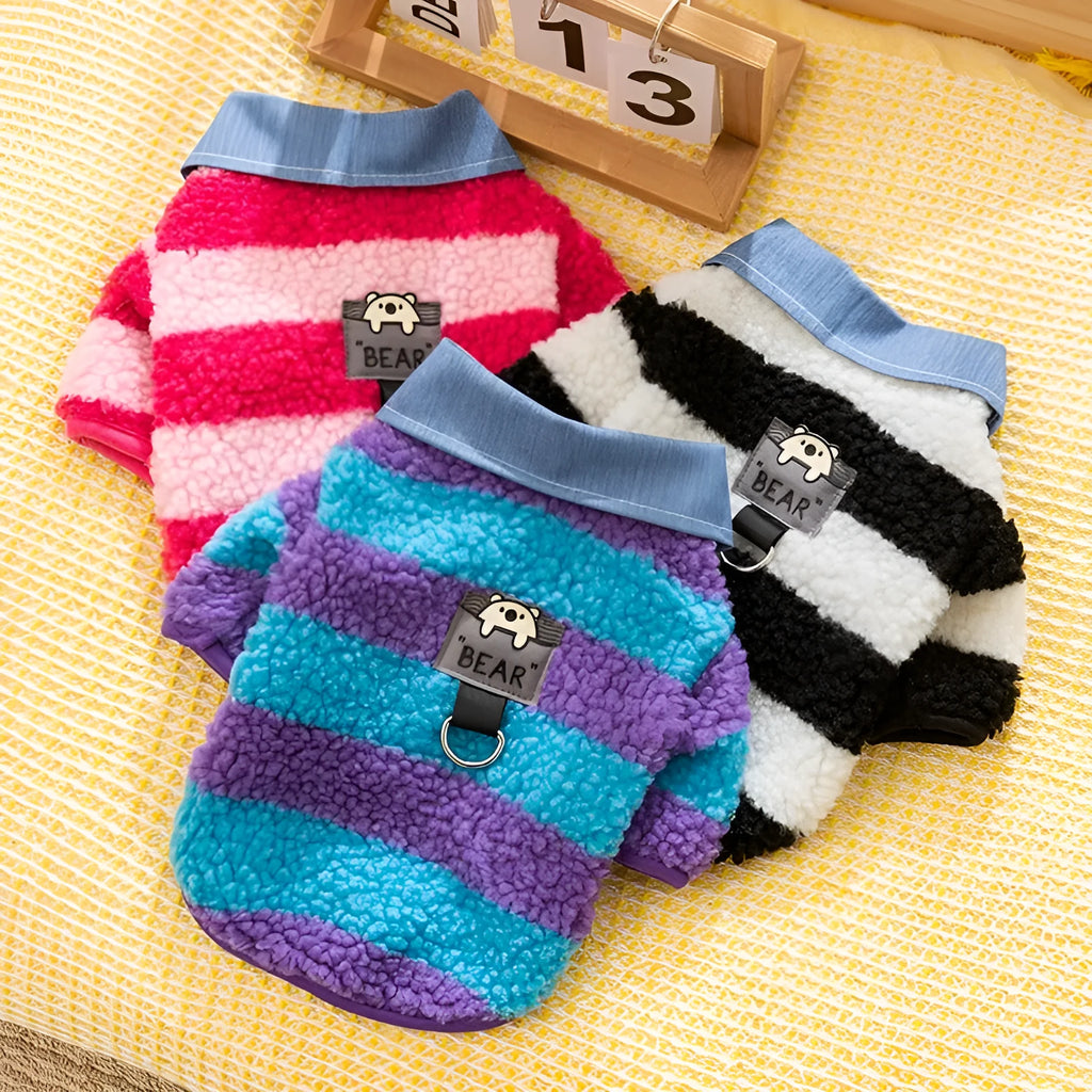 Thick warm winter sweater with leash hole for small dog or cat, striped lamb wool denim, available in black blue and pink