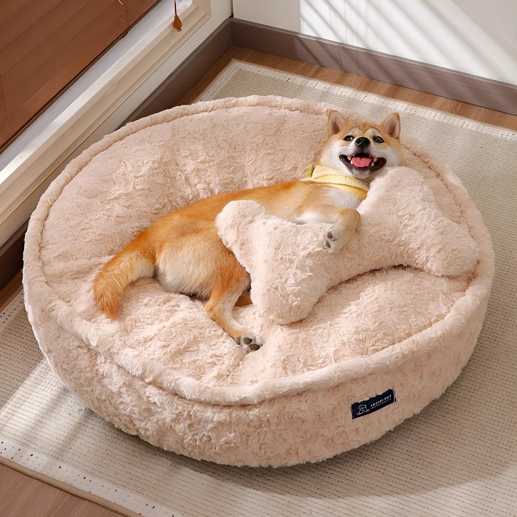 Round nest milk tea colour pet bed with removable cloth cover for washing