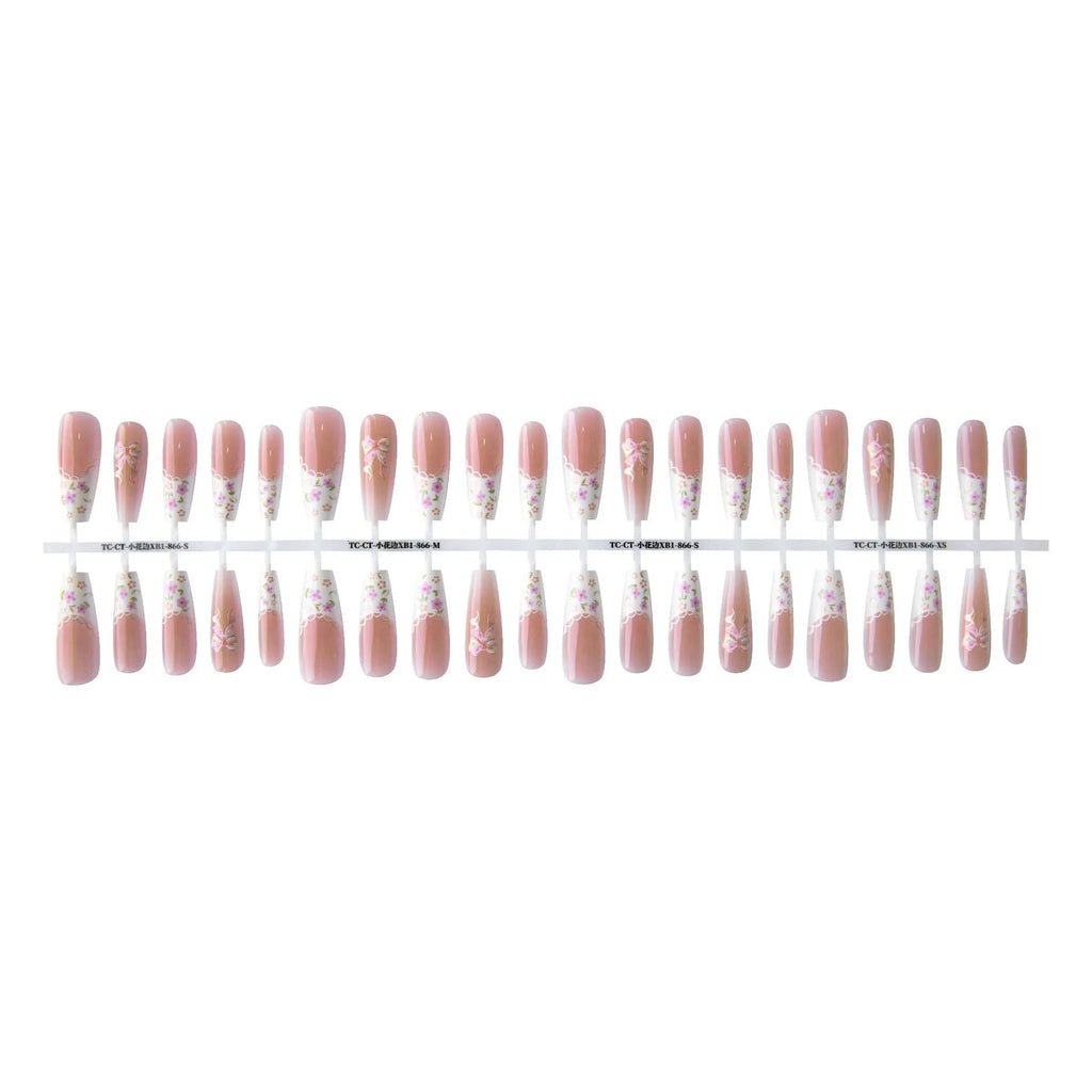 Small floral prefabricated nail tip set with long ladder shape and white velvet seal layer, 40 pieces