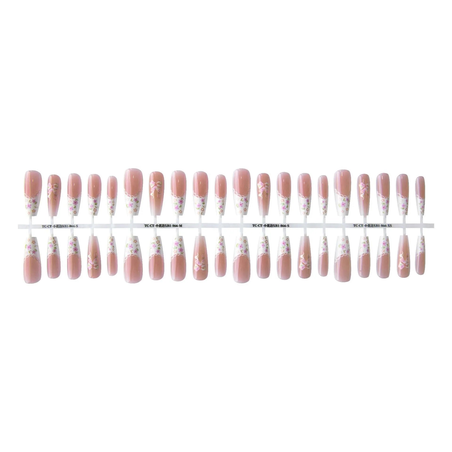 Small floral prefabricated nail tip set with long ladder shape and white velvet seal layer, 40 pieces