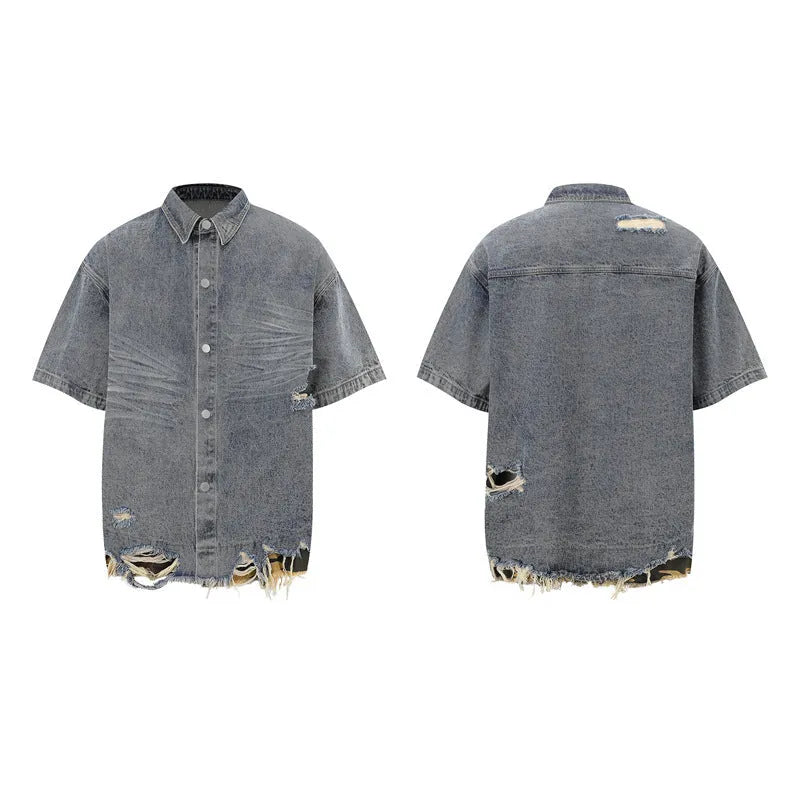 Leopard print denim short sleeve jacket and matching shorts set with raw cut edge stitching.