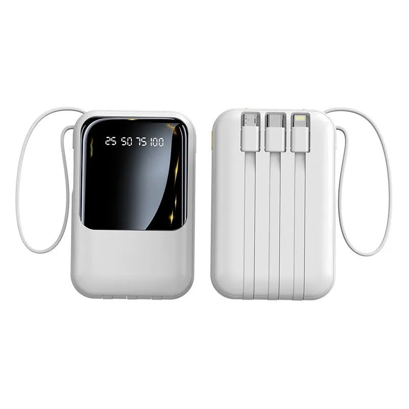 Small super fast charge power bank with cable in black plastic shell, compact design