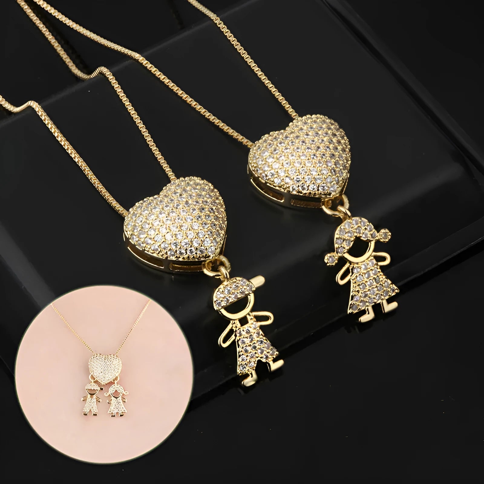 Gold colour heart-shaped cubic zirconia family pendant necklace on copper chain with style options for boys and girls