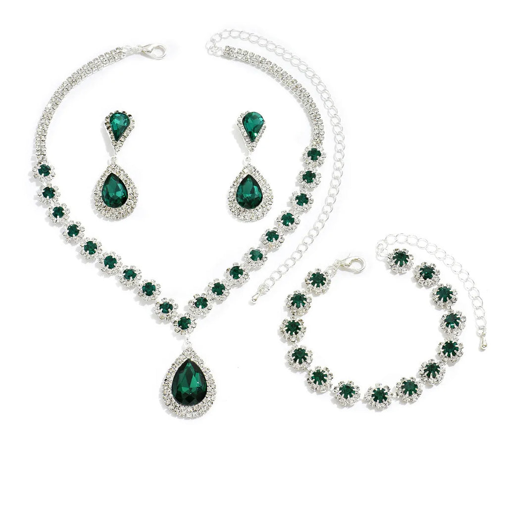 Rhinestone three-piece jewellery set with necklace, ear studs and bracelet in white, sapphire blue, red or hole green