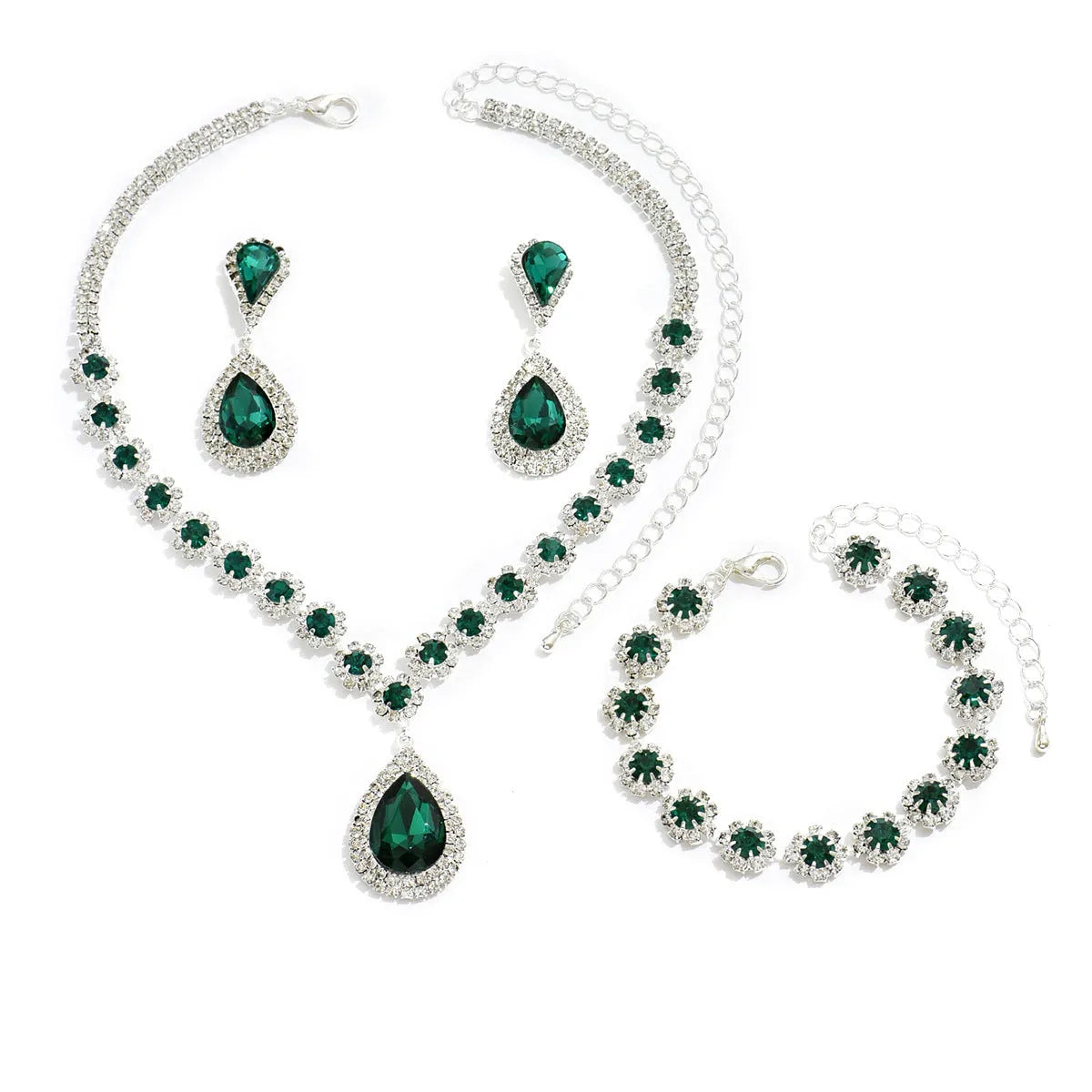 Rhinestone three-piece jewellery set with necklace, ear studs and bracelet in white, sapphire blue, red or hole green