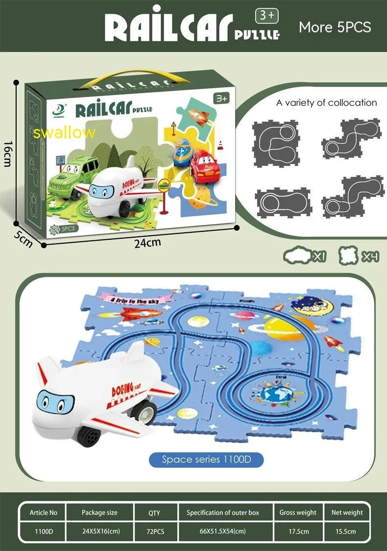 Children puzzle electric railroad speeder DIY assembly track set with automatic car and plastic pieces in multiple themes