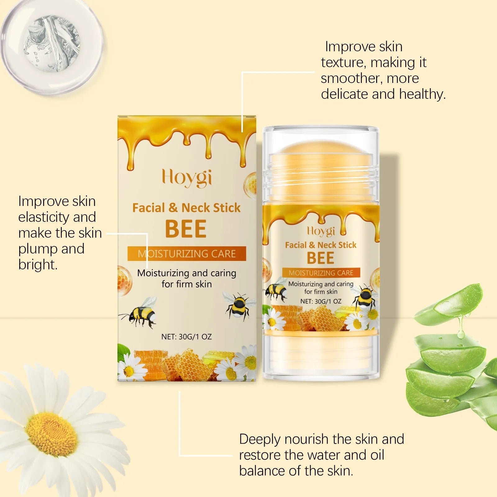 30g facial moisturising stick with vitamin E and botanical extracts including chamomile, aloe vera and lavender