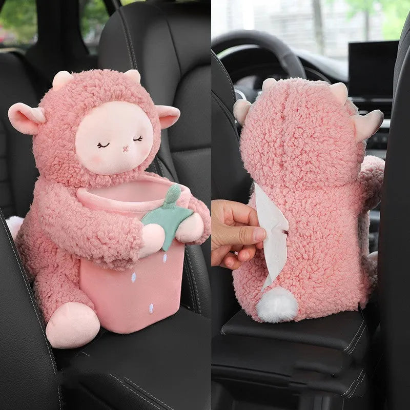 Plush car tissue box and trash can two-in-one unit in pink soft rabbit design on car centre console