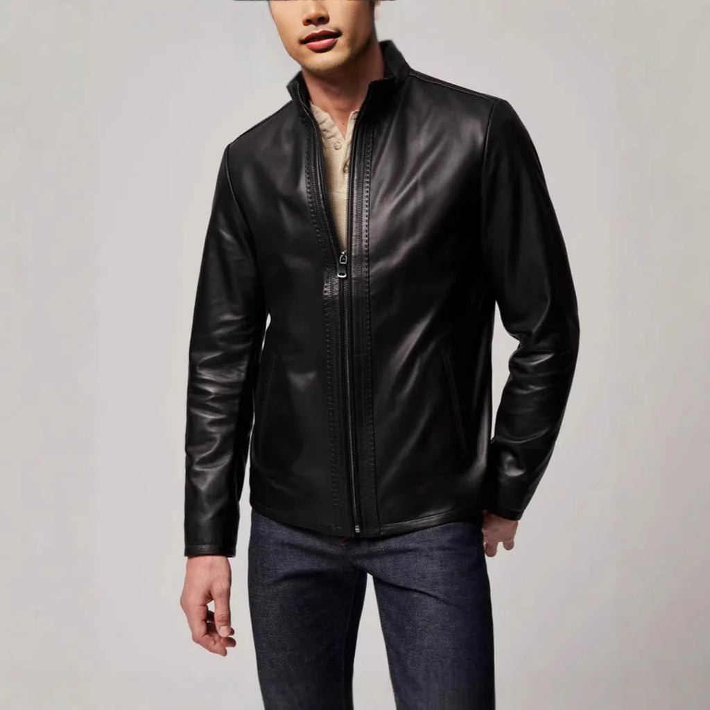 Men's black polyester retro jacket with straight hem and long sleeves