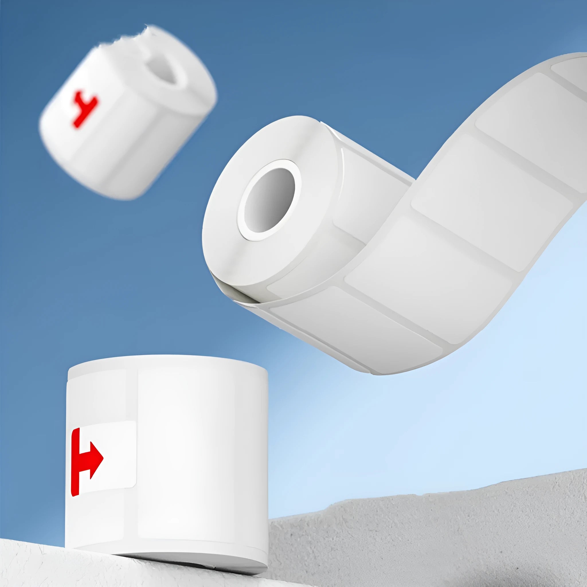 Roll of white 40x40mm thermosensitive adhesive label paper for thermal printers.