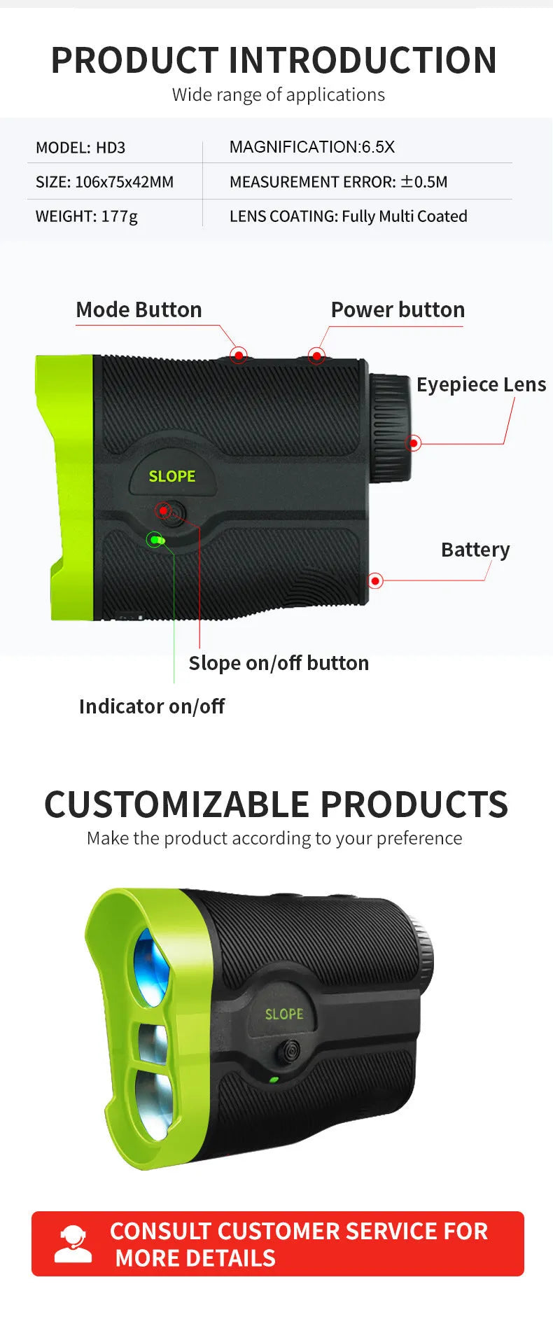 Laser rangefinder model H3D-1000M in ABS housing for outdoor distance measurement up to 1000 metres