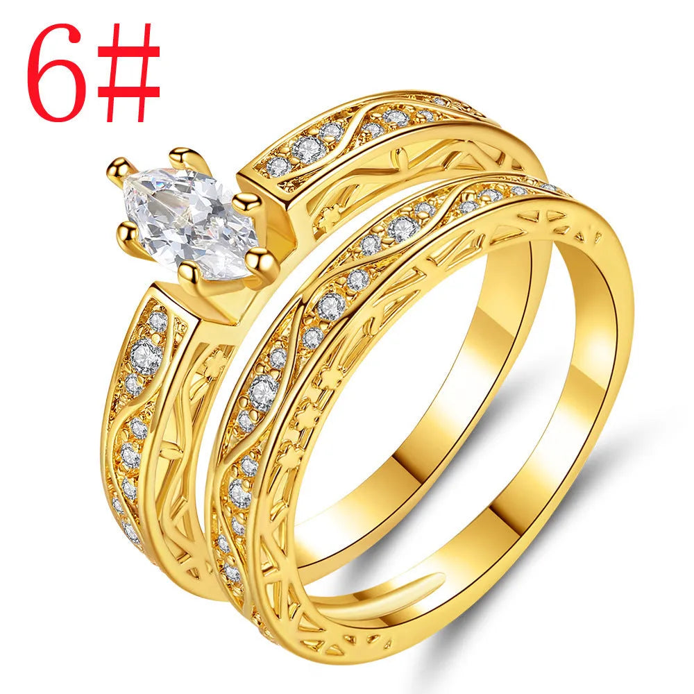 Creative Horse Eye Zircon simple pattern couple ring set for women, copper, electroplated, geometric shape, sizes 6-9