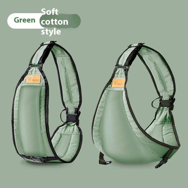 Baby waist stool carrier in fabric showing child carrying position and hip support