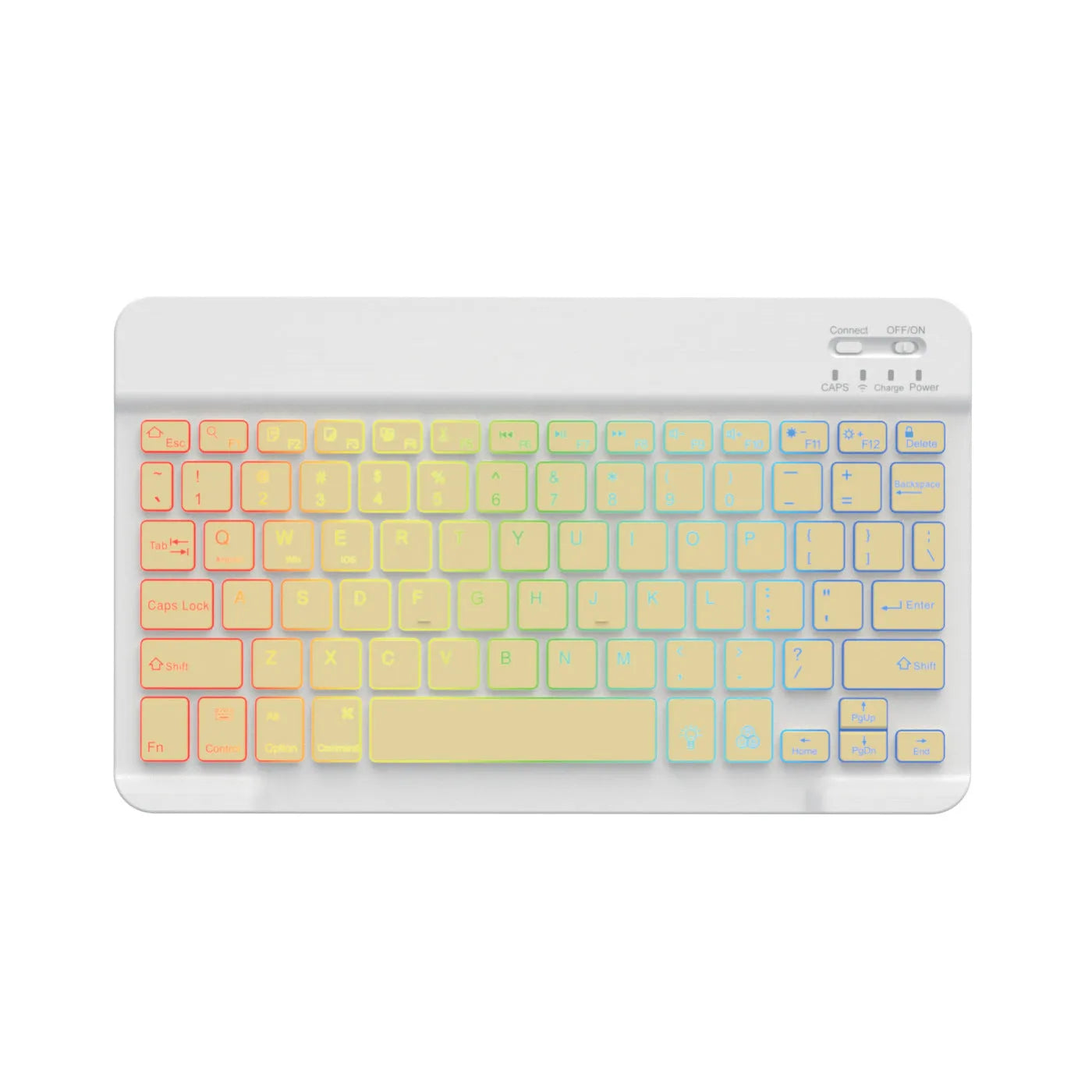 10-inch wireless Bluetooth keyboard with colourful backlit keys on a desk next to a tablet.