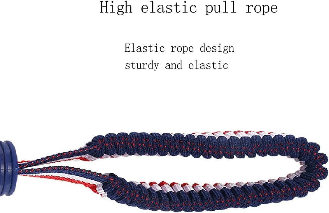 Blue and red natural rubber dog ball with attached rope for tug-of-war and teeth cleaning