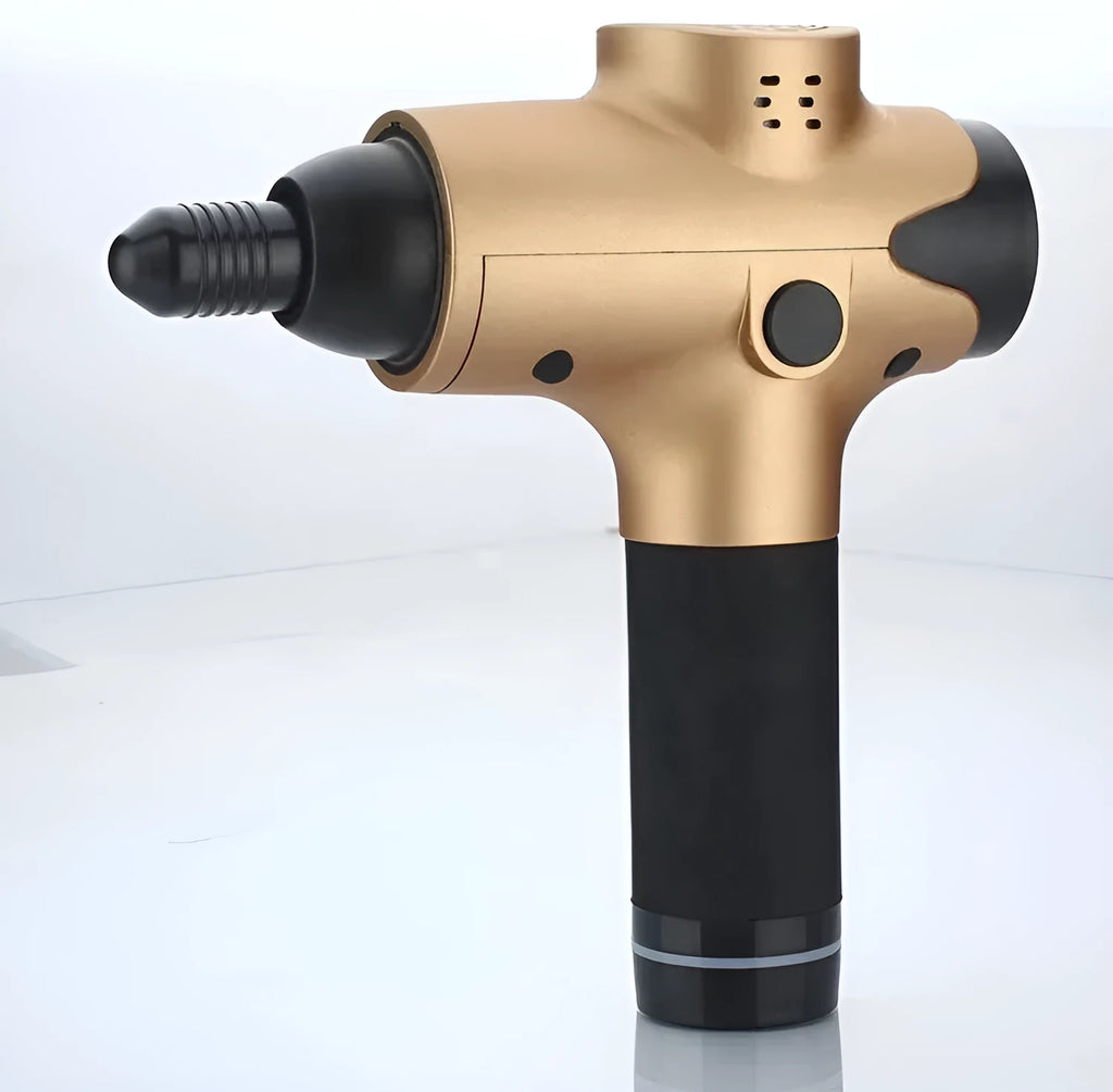 Massage gun with 6 massage heads, black ABS body, and LCD touch screen on a white background