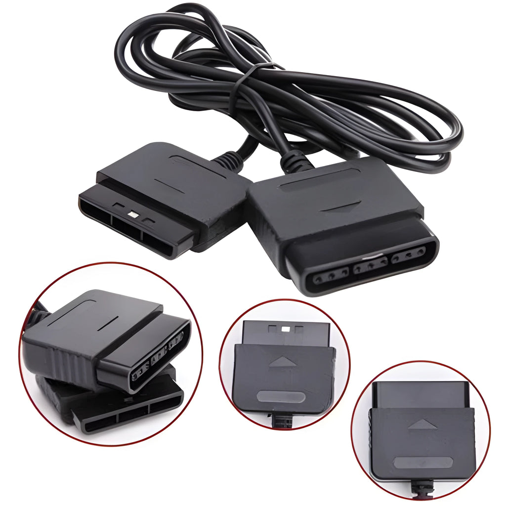 Black PS2 extension cable for controller and console, plastic game accessory lead, single connecting cable
