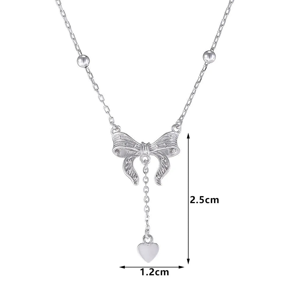 S925 silver adjustable clavicle chain with heart pendant featuring butterfly and bow design