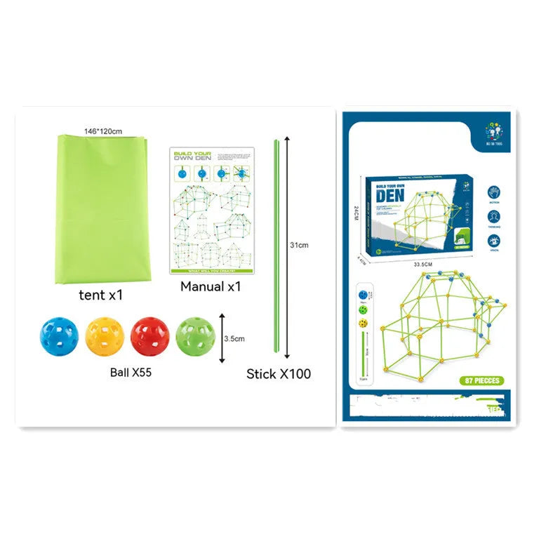 Luminous plastic fort building kit for kids with connecting sticks, balls, and storage bag.