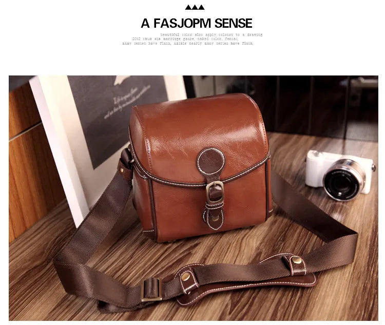 Fashion single shoulder SLR camera liner bag in PU leather, small size, dark coffee colour, for home storage.