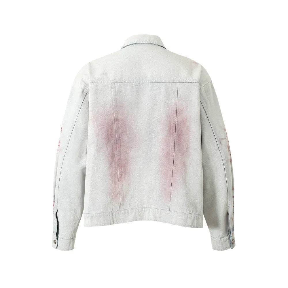 Blue inkjet tie-dyed loose-fit denim jacket for men with long sleeves and straight hem