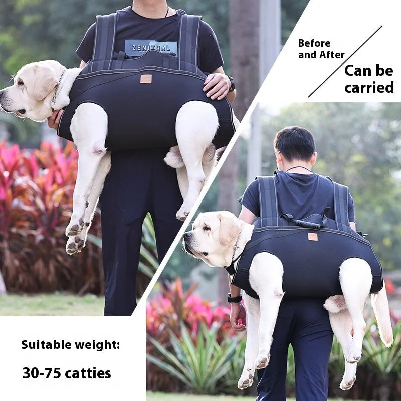 Black Oxford cloth dog backpack for medium and large breeds showing soft construction